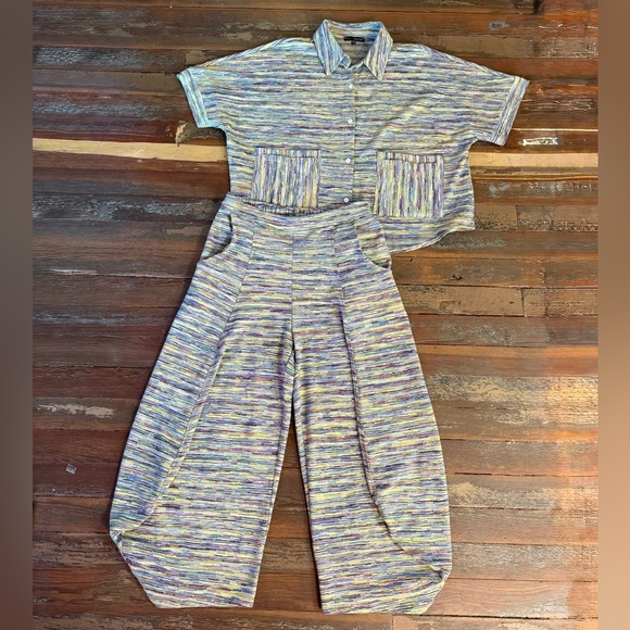 Kozan 2 Piece Colorful Striped Button Up Top Pull On Pants Set ~ Size M/L 🧡🍄 - Picture 1 of 9